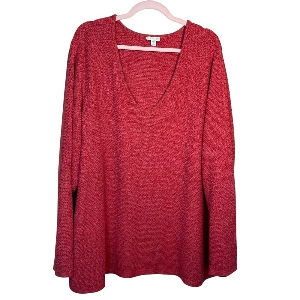 J Jill Sweater Women's Large Coral V Neck Textured Knit Cotton Blend Casual 4XL